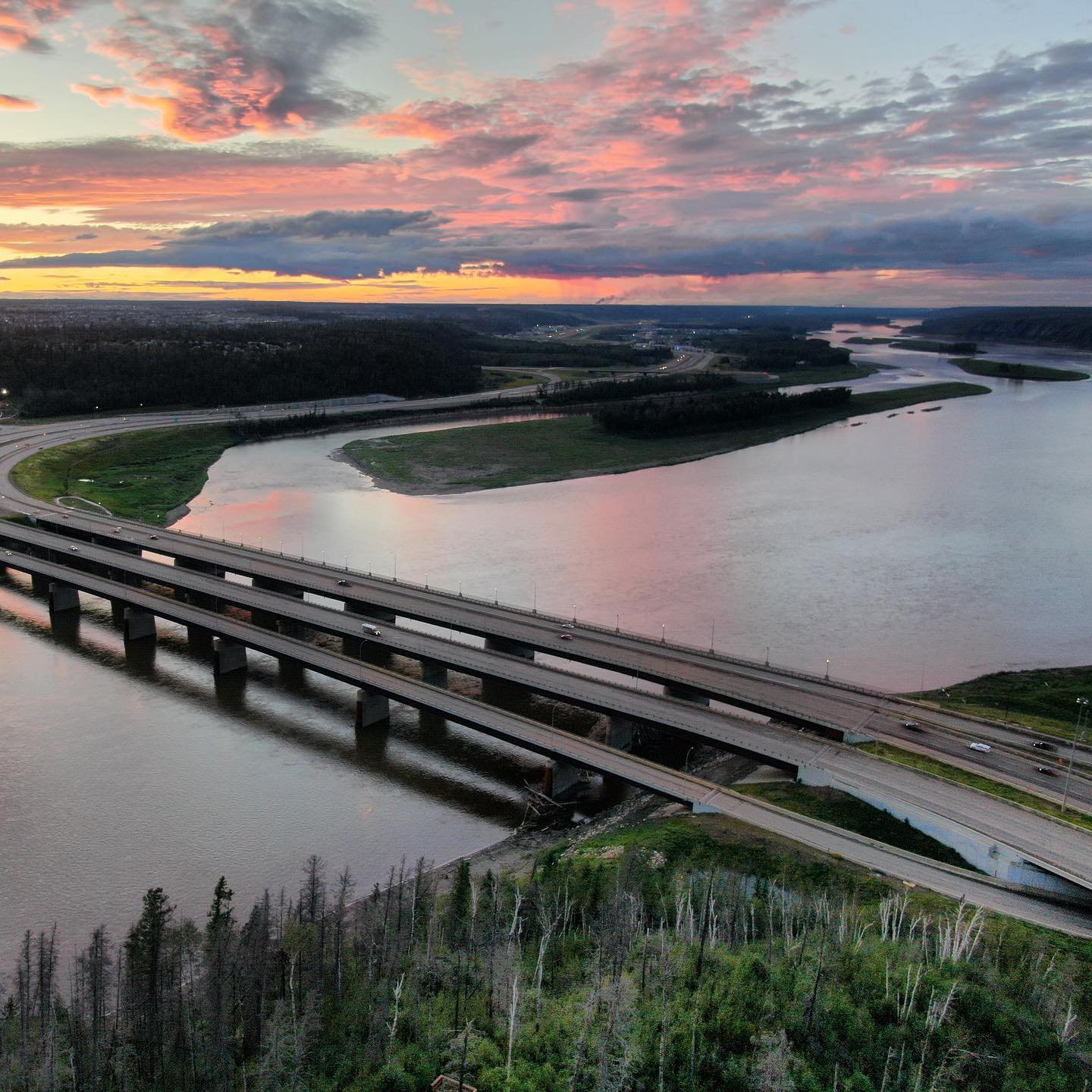 Athabasca River Bridges as seen from Abasand.  Believe it or not, #nofilter ! #ymm #sunset